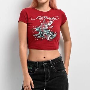 Ed Hardy Koi Fish Maroon Crop T-Shirt Size large